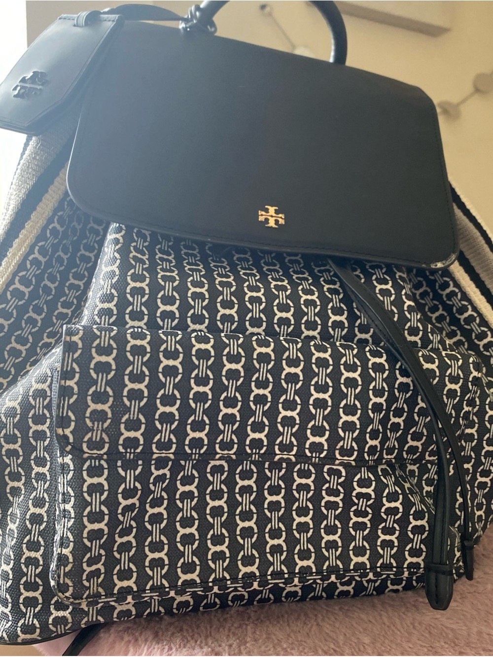 Tory Burch Gemini Links Black Logo-Accent Coated Canvas Backpack